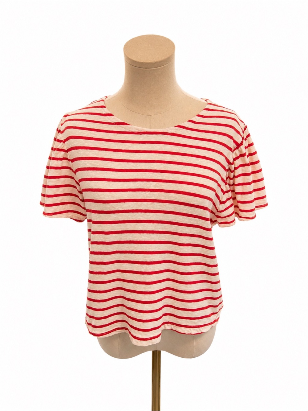 Madewell Red & Cream Striped Flutter Sleeve Tee Top Size Medium